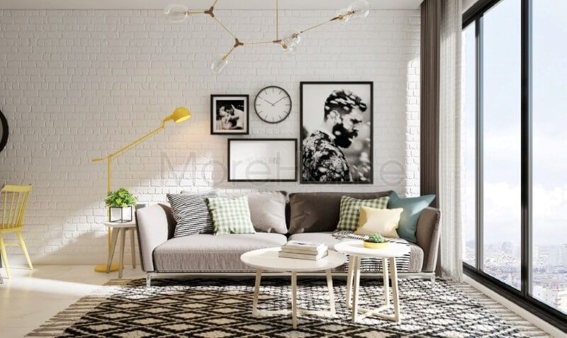 Sofa phòng khách chung cư được thiết kế tối giản, phần chân ghế được kiến trúc sư lựa chọn chất liệu sắt inox tĩnh điện cao cấp mang lại cho không gian thêm phần thanh thoát, nhẹ nhàng hơn