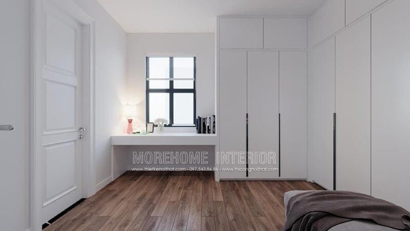 Mẫu tủ quần áo âm tường màu trắng trang nhã cùng tông với căn phòng ngủ mang đến sự gắn kết kiền mạch giúp không gian căn phòng trở nên thoáng đoãng hơn