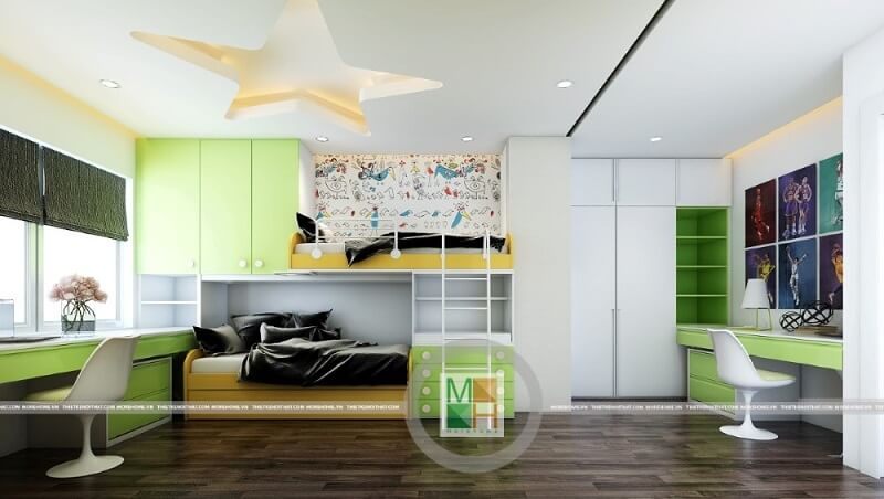 Mẫu thiết kế nội thất phòng ngủ trẻ em đẹp cho chung cư nhỏ gọn với tông màu xanh chủ đạo